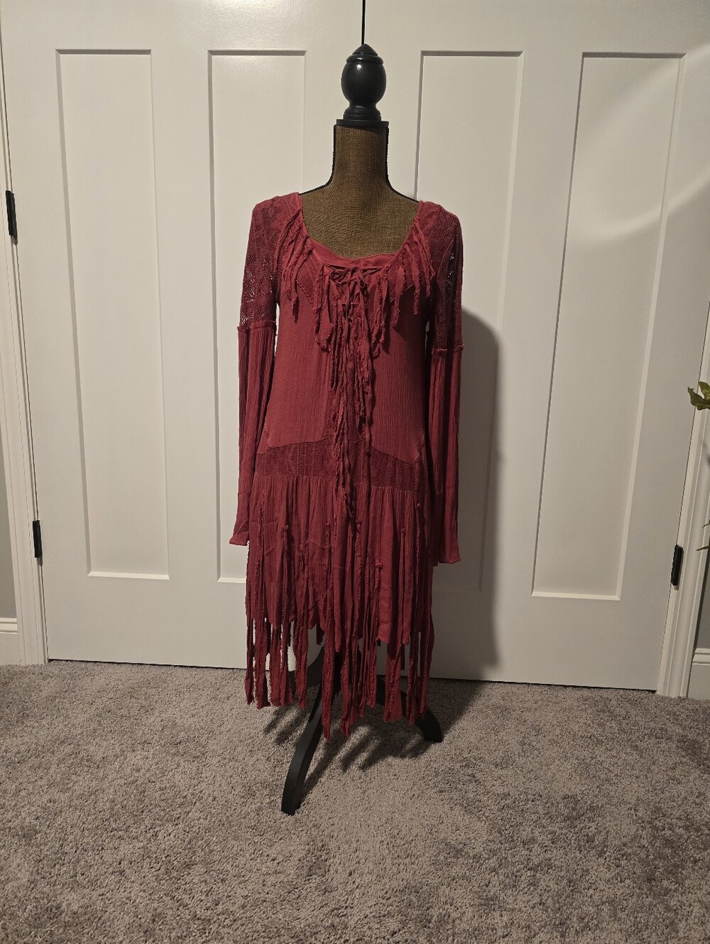 Free People Fringe Long Sleeve Dress in Wine - Picture 2 of 6